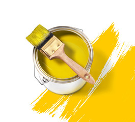 Yellow paint tin can with brush on top on a white background with yellow strokes