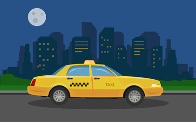 Taxis car  in the night city background. Vector Illustration.