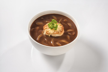 onion soup on a white background