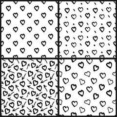 Abstract seamless heart pattern set. Hand drawn black and white valentine background