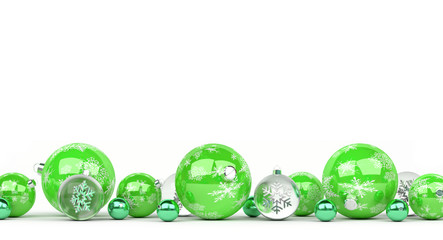 Green and white christmas baubles lined up 3D rendering