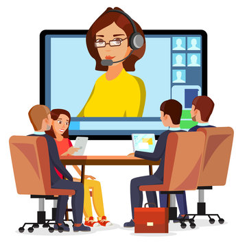 Video Meeting Online Vector. Woman And Chat. Ceo And Employees. Business Meeting, Consultation, Conference Office, Seminar, Online Training Concept. Flat Cartoon Isolated Illustration