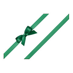 Green bow tied using silk ribbon, cut out top view, corner