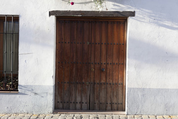 Vibrant Old Weathered Carved Door, White Wall