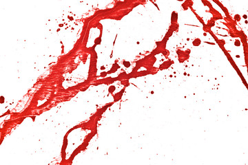 Blood splatter, red acrylic paint splash background texture grunge. Blood splash, spray. Abstract acrylic hand painted splash. Murder and killing. Close up.