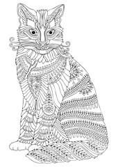 Cat. Hand drawn picture. Sketch for anti-stress adult coloring book in zen-tangle style. Vector illustration  for coloring page.