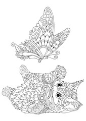 Kitty and butterfly. Hand drawn picture. Sketch for anti-stress adult coloring book in zen-tangle style. Vector illustration  for coloring page.