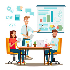Team Work Brainstorming Vector. Presentation Of The Project. Innovation Idea Discussion People. Designer, Programmer. Global Planning. Flat Isolated Cartoon Illustration