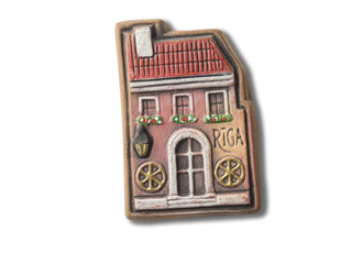 Riga souvenir refrigerator magnet isolated on white. Refrigerator magnets are popular souvenir and collectible objects. 