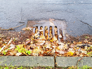 Verstopfter Kanal durch Herbstlaub auf den Straßen