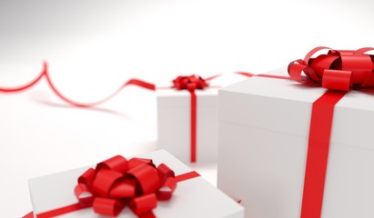 Present Boxes With Red Ribbons And Bows On White Background Closeup 3D Rendering