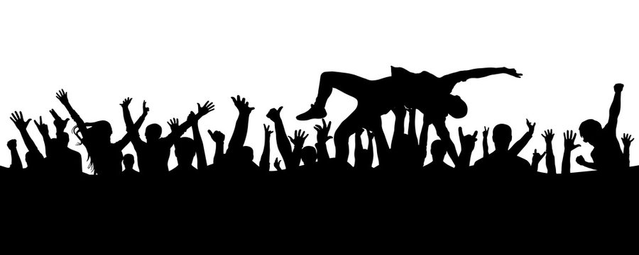Jump into the crowd. A man leaps into his arms in a crowd of people silhouette