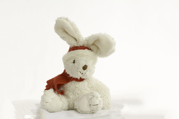 White Rabbit Doll Tie Red Scarf on white background