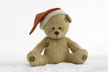Teddy Bear with Christmas Hat sitting on white background