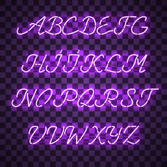 Glowing Purple Neon Script Font with uppercase letters from A to Z with wires, tubes, brackets and holders. Shining and glowing neon effect. Vector illustration.