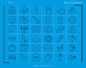 Collection of 36 halloween icons. Vector illustration in thin line style