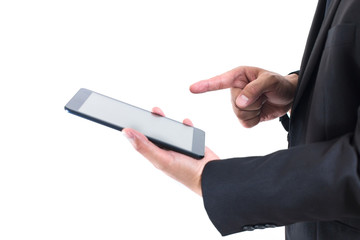 Businessman working with a digital tablet on white background. using as a Business concept, Technology concept, social media concept, digital concept.