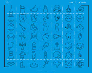 Collection of 49 halloween icons. Vector illustration in thin line style