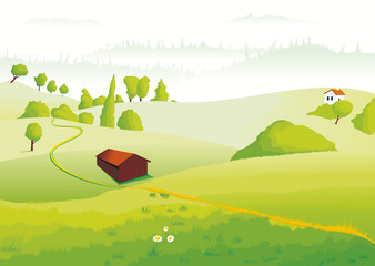 Paysage campagnard de collines et de champs