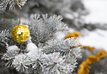 New Year's toys and tinsel on a pine branch, nature landscape.