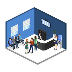 Isometric 3D illustration Interior of department reception with workplaces