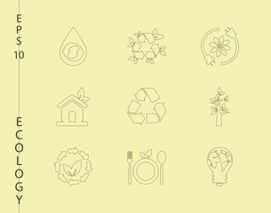 Green, Ecology and environment icon set in vector format. 9 icons in thin line sets