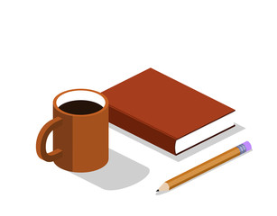Isometric 3D vector illustration cup with coffee, book and pencil