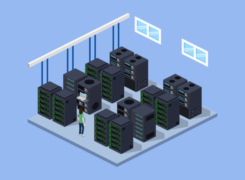 Isometric 3D Vector Illustration Concept Server Room Data Center