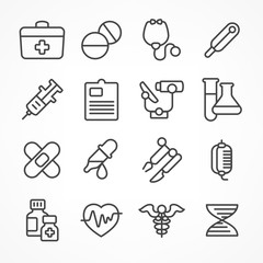 Medical line icons on white background, medicine symbols in grey.