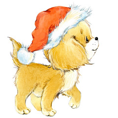 Dog year greeting card. cute cartoon puppy watercolor illustration. Background for Christmas. 