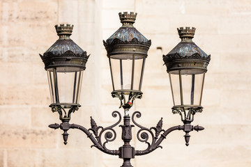 Vintage street lantern (lamppost) in front of Notre-Dame de Paris. Paris. France