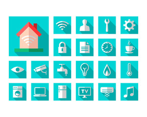 Smart home concept. House with wi-fi signal and related icon set in flat design.
