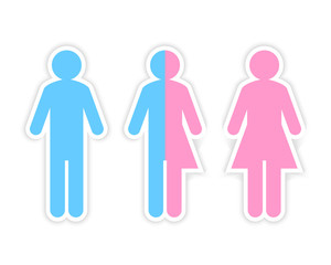 Third gender and sex concept made of half male and half female pictogram. Sticker and design element.