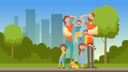 Obraz na płótnie Canvas Happy tired parents with many children on city background, flat vector illustration