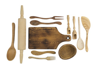 Wooden kitchen accessories isolated on a white background. 