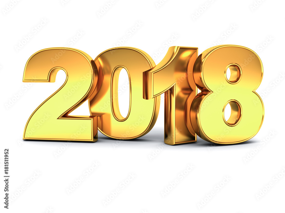 Poster year two thousand eighteen , happy new year 2018 , 3d gold text isolated over white background with 
