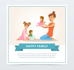 Mother and her daughter playing, happy family banner flat vector element for website or mobile app