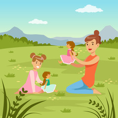 Obraz na płótnie Canvas Mother and her daughter playing dolls on nature background, family leisure flat vector illustration