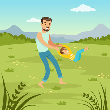 Father rotating his son on nature  dad and son playing together on meadow, family leisure flat vector illustration