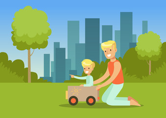 Obraz na płótnie Canvas Father and his son playing with toy car in city park outside, family leisure vector illustration