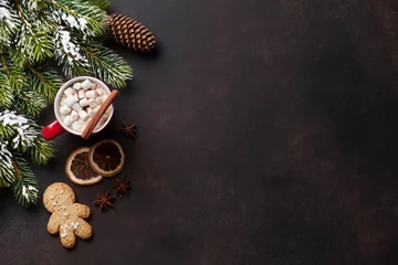 Fotobehang Christmas background with hot chocolate and marshmallow © karandaev