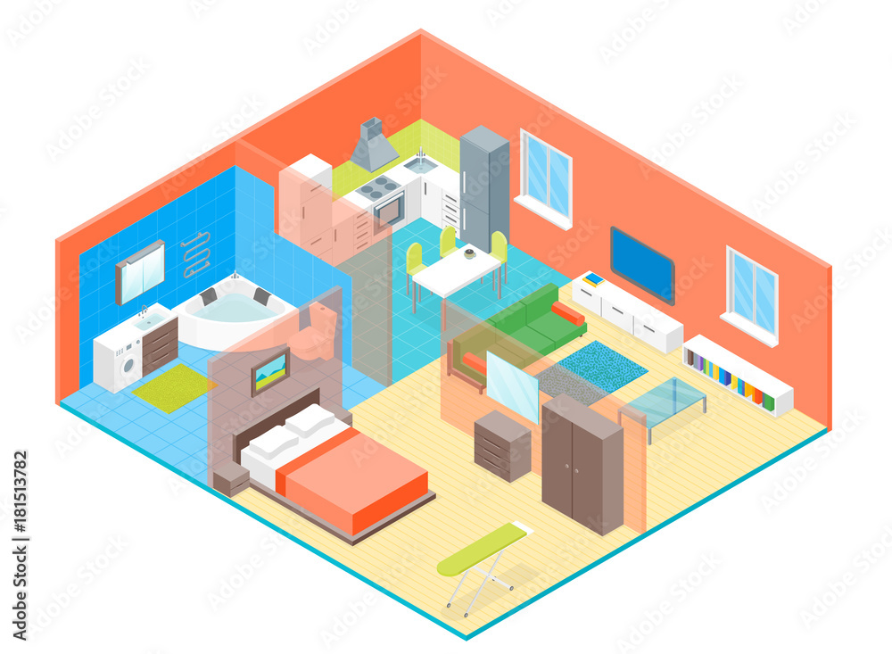 Wall mural Apartment Family Rooms Interior with Furniture Isometric View. Vector