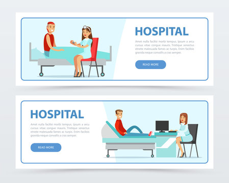 Hospital and healthcare banners set, doctors working with patients flat vector element for website or mobile app