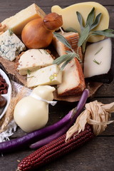 Various types of cheese on the table