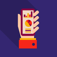 Market trend analysis on smartphone with graphs in isometric flat design style on colored background, vector infographic, eps10.