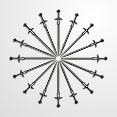 Iron swords piled in a circle. Vector illustration.