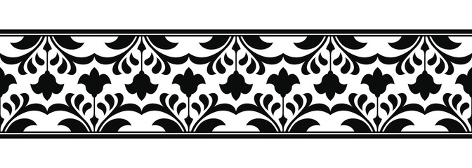 Seamless floral vector ornament. Flower and leaves. Black pattern isolated on a white background.