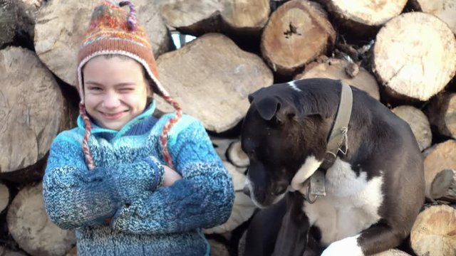 Staffordshire terrier licks a sad boy, against the background of firewood. Portrait of a child in the background of firewood with a dog 4K video.

