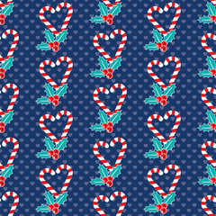 Romantic Christmas pattern with candy canes and mistletoe