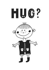 Hug - Cute and fun hand drawn nursery poster with lettering in scandinavian style.